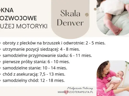Skala Denver: okna rozwojowe dużej motoryki, od obrotów do samodzielnego chodu. Każdy etap to ważny szósty skok rozwojowy.