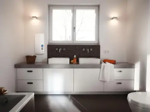 Modernes Badezimmer mit Doppelwaschbecken und einem AEG Durchlauferhitzer 24 kW an der Wand.