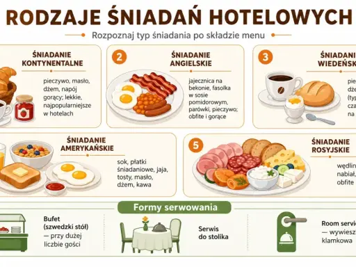 Rodzaje śniadań hotelowych: kontynentalne, angielskie, wiedeńskie, amerykańskie, rosyjskie. Formy serwowania: bufet, serwis do stolika, room service.