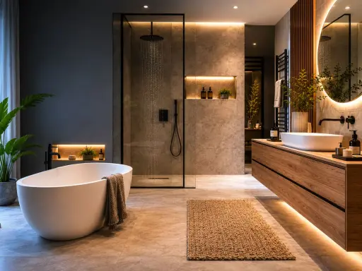 Bagno moderno con vasca freestanding, doccia a pioggia e mobile lavabo in legno. Idee per come arredare un bagno con stile e funzionalità.