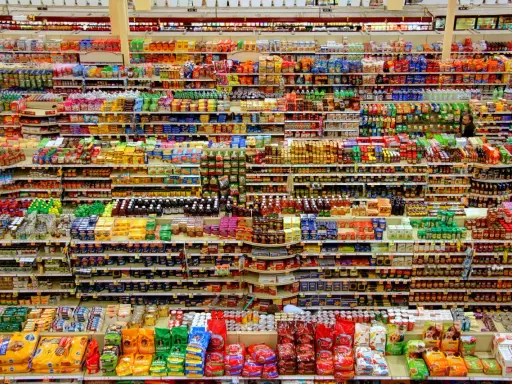 Pełne półki sklepu spożywczego, gdzie usługi merchandisingowe zapewniają idealne ułożenie produktów.