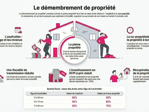Schéma expliquant le démembrement de propriété, un exemple de sci familiale pour la succession. Il détaille l'usufruit, la nue-propriété et la pleine propriété.
