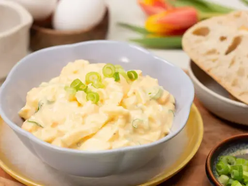 Cremiger Eiersalat mit Joghurt und Gurke, garniert mit Frühlingszwiebeln, serviert mit Brot.