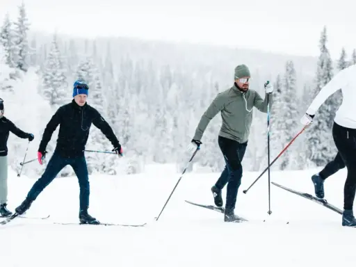Fyra personer åker **långlopp skidor** i ett snöigt landskap med skog i bakgrunden.
