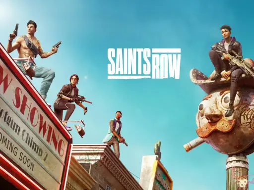 Postacie z gry Saints Row pozują z bronią na tle neonowego miasta.