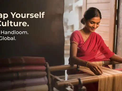 A woman in a red sari weaves on a loom, showcasing the rich tradition of handlooms of India. Stacked fabrics are visible.