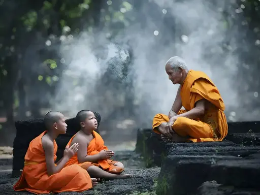 Äldre munk i orange kläder undervisar två unga munkar i en lugn miljö, en scen av buddhistisk puja.