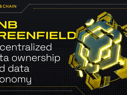 BNB Greenfield: zrewolucjonizowana decentralizacja danych i gospodarka danymi. Abstrakcyjny, geometryczny obiekt w kolorach żółtym i niebieskim.