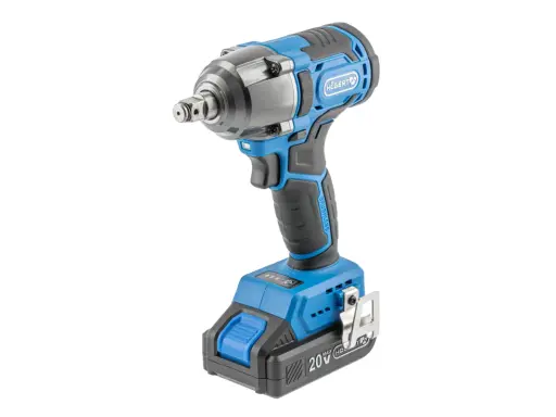 Pistola de impacto inalámbrica azul y negra. La batería indica 20V MAX. ¿Cuántos Nm debe tener una pistola de impacto?