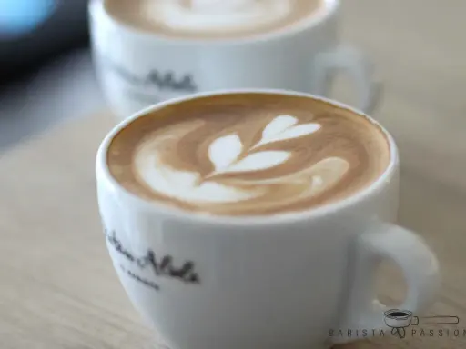 Zwei Tassen mit Latte Art, ein Herzmuster auf dem cremigen Schaum. Der perfekte Cappuccino für einen gemütlichen Morgen.