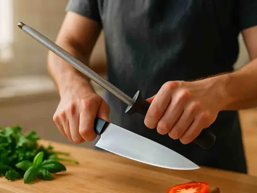 Persona afila un cuchillo con una chaira, preparándose para cortar hierbas frescas y un tomate en una tabla de madera.