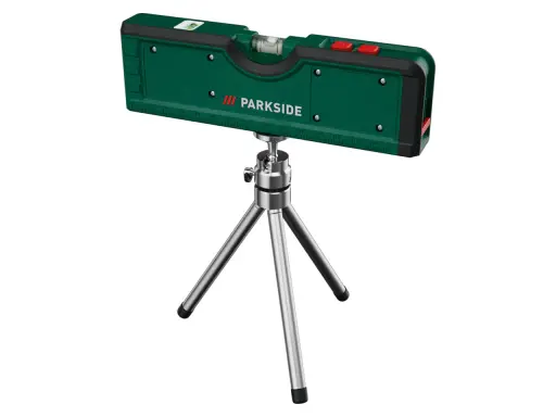 Zielona poziomica laserowa Parkside na statywie.