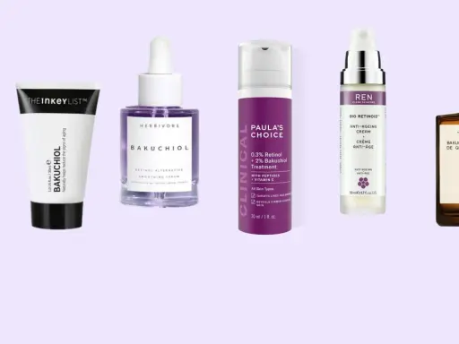 Six produits de soin pour la peau, dont des sérums et crèmes, affichant "Bakuchiol" pour un effet avant après visible.