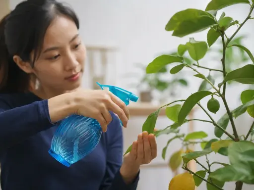 Une femme arrose son citronnier avec un vaporisateur. Elle prend soin de ses feuilles, comme si elle utilisait du savon noir pour le citronnier.