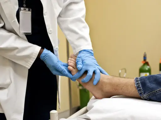 Un professionnel de santé examine un pied, possiblement pour une plaie diabétique, avec des gants bleus. L'application de bétadine est une étape courante pour le soin des plaies.