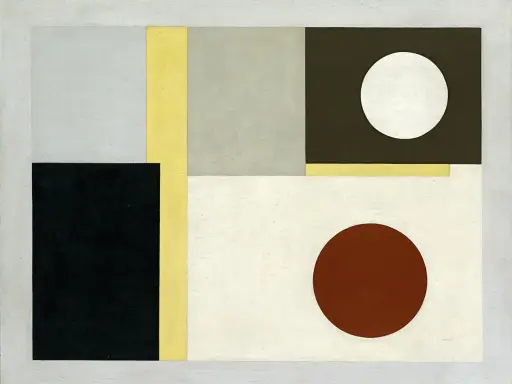 Abstract composition by Ben Nicholson featuring geometric shapes and circles in muted tones.