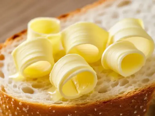 Ein Stück Brot mit aufgerollten Butterlocken. Die Butter schmilzt leicht und glänzt. Ein Genuss für den Gaumen, der an Kalium erinnert.