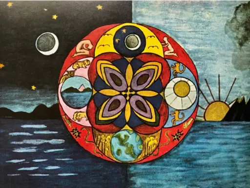 Mandala z symbolami dnia i nocy, ziemi i nieba, przypominająca karty **as kielichów tarot**.
