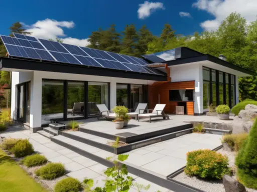 Une maison basse consommation avec des panneaux solaires sur le toit, une terrasse moderne et un jardin verdoyant.
