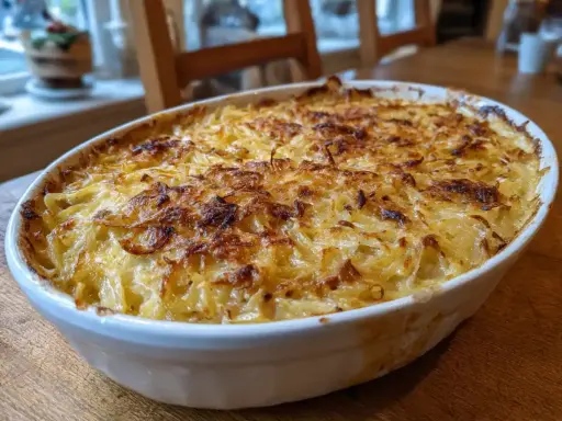 En gyllene Janssons frestelse i en vit ugnsform, redo att serveras. Ett klassiskt recept som doftar jul.