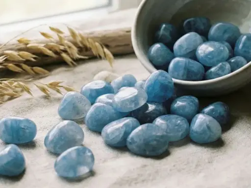 Tumbled quarzo blu, con il suo significato di calma e chiarezza, sparge serenità su un tessuto grezzo, accanto a spighe di grano e conchiglie.