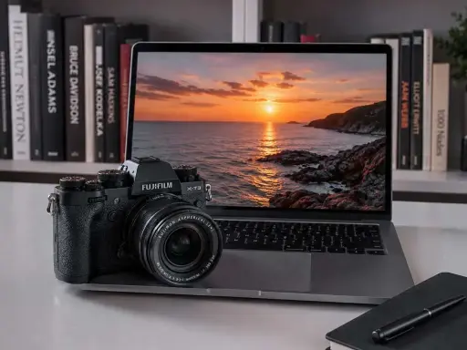 Fujifilm X-T3 accanto a un laptop con tramonto sul mare. Libri di fotografia sullo sfondo.