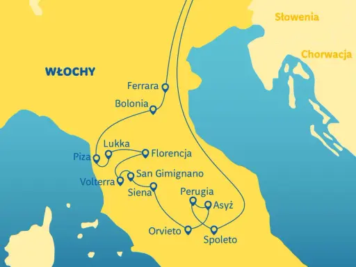 Mapa Włoch z zaznaczonymi miastami: Ferrara, Bolonia, Lukka, Florencja, Piza, Siena, Perugia, Asyż, Orvieto, Spoleto. Emilia Romagna widoczna na mapie.