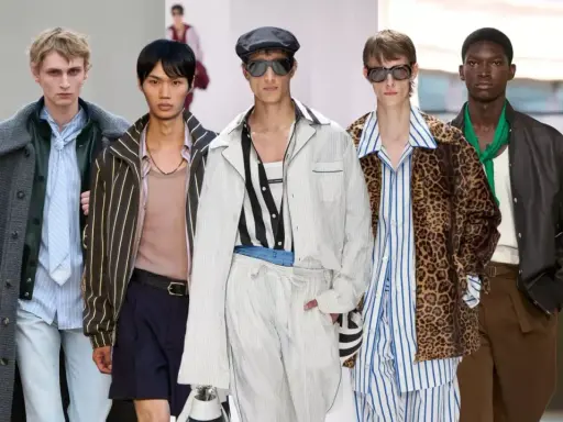 Five models showcase bold gay men fashion on a runway, featuring a mix of stripes, leopard print, and stylish outerwear.