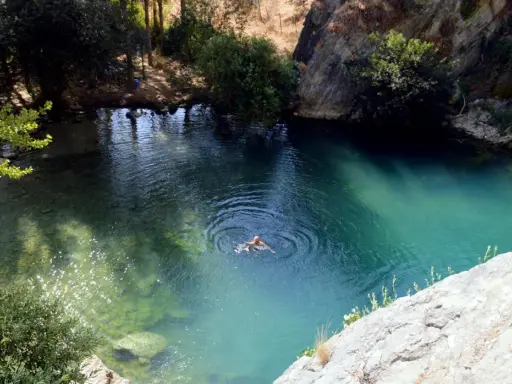 Ein Mann schwimmt im türkisfarbenen Wasser der Cueva del Gato, umgeben von Felsen und üppiger Vegetation.