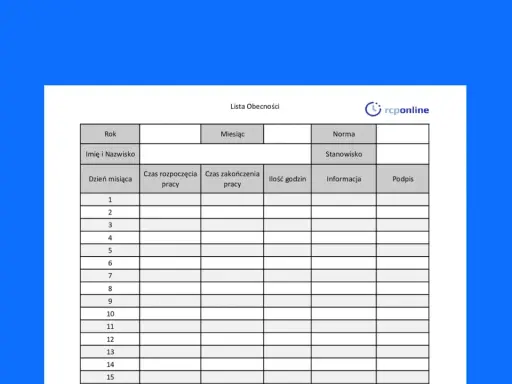 Tabela "Lista Obecności" do ewidencji czasu pracy, zawiera kolumny: Rok, Miesiąc, Norma, Stanowisko, Imię i Nazwisko, Dzień miesiąca, Czas rozpoczęcia pracy, Czas zakończenia pracy, Ilość godzin, Informacja, Podpis.