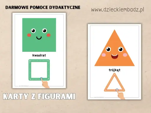 Karty z figurami do druku: wesoły kwadrat i trójkąt zachęcają do nauki kształtów.