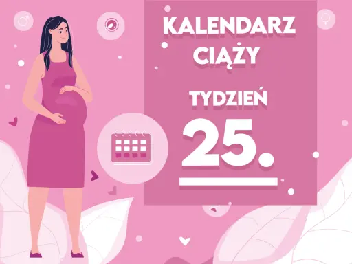 Kobieta w 25 tygodniu ciąży, z brzuszkiem. Obok kalendarz i napis "Kaledarz ciąży tydzień 25".