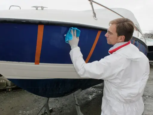 Un homme en combinaison blanche effectue l'entretien d'un bateau bleu et blanc, le lustrant avec un chiffon bleu.