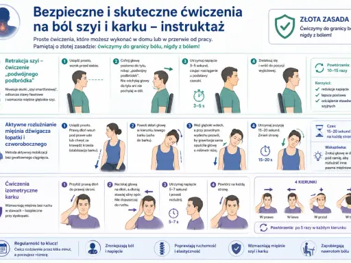 Ćwiczenia na ból szyi przy skręcaniu głowy: retrakcja, rozluźnianie mięśni, izometria. Pamiętaj: do granicy bólu, nigdy z bólem!