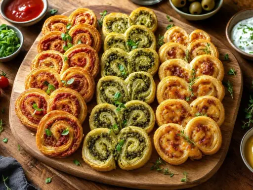 Plateau de feuilletés en forme de cœur, parfaits pour un apéro. Des palmiers à la tomate, au pesto et au fromage.