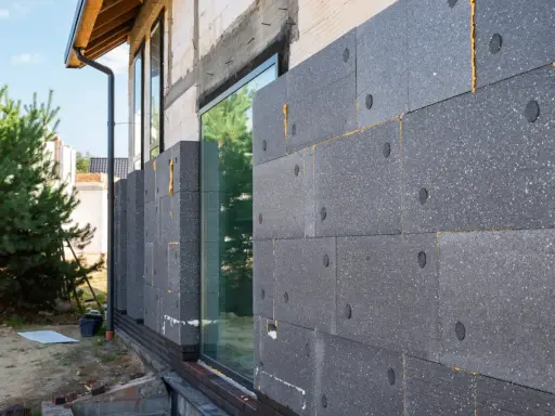 Graue Dämmplatten werden an der Hauswand angebracht, um das Haus zu isolieren.