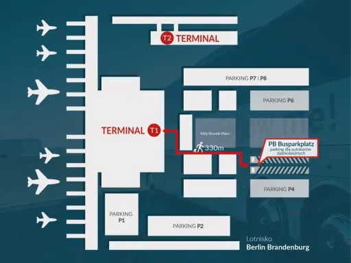Schemat nowego lotniska w Berlinie z terminalami T1 i T2, parkingami P1, P2, P4, P6, P7, P8 oraz parkingiem dla autokarów.
