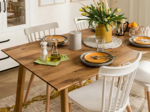 Elegancka, codzienna dekoracja stołu w salonie: drewniany blat, żółte tulipany, oliwa i przyprawy.