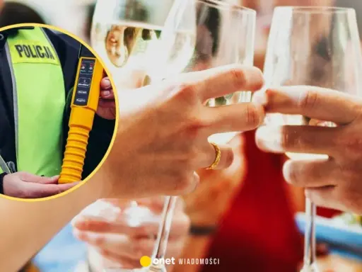 Policjant z alkomatem w dłoni, obok toast wznoszony kieliszkami. Jeden drink może zmienić wszystko.