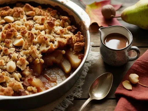Un délicieux crumble poire chocolat, garni de noix et de morceaux de chocolat, prêt à être dégusté avec une sauce au caramel.