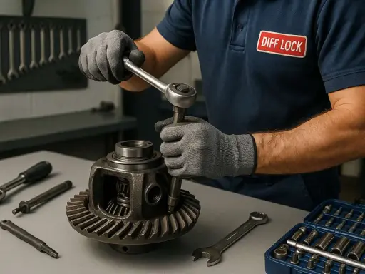 Mechanik w rękawiczkach naprawia dyferencjał kluczem.