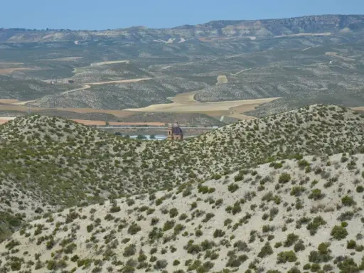 Paisaje árido del desierto de Monegros con colinas cubiertas de matorral y una torre de iglesia solitaria al fondo.