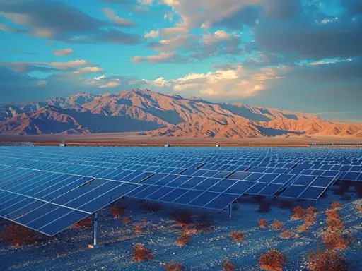 Vaste champ de panneaux solaires dans un paysage désertique, avec des montagnes en arrière-plan. Un panneau solaire hydraulique capte l'énergie du soleil.