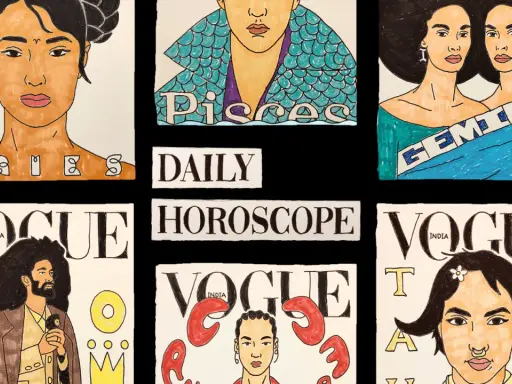 Ilustracje zodiakalnych okładek Vogue, w tym bliźniąt, z napisem "Daily Horoscope".