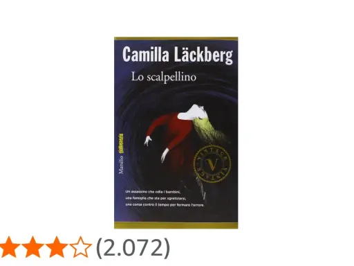 Copertina del libro "Lo scalpellino" di Camilla Läckberg, ultimo libro della serie, con un'illustrazione drammatica e la trama che promette suspense.