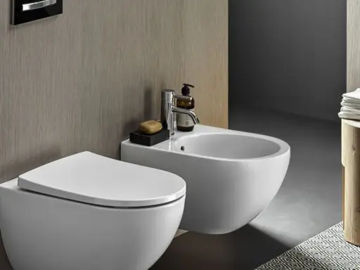 Nowoczesna łazienka z miską WC i bidetem. Bidet służy do higieny intymnej po skorzystaniu z toalety.