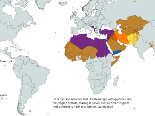 Weltkarte zeigt Mehrheitsreligionen in muslimischen Ländern vor dem Islam. Arabische Länder vorwiegend mit indigener Religion oder Christentum.
