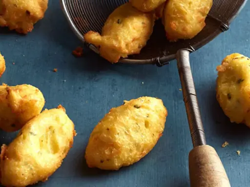Goldbraune Dauphine Kartoffeln, frisch frittiert und auf einem Abtropfsieb. Ein Genuss für jeden Kartoffelliebhaber.