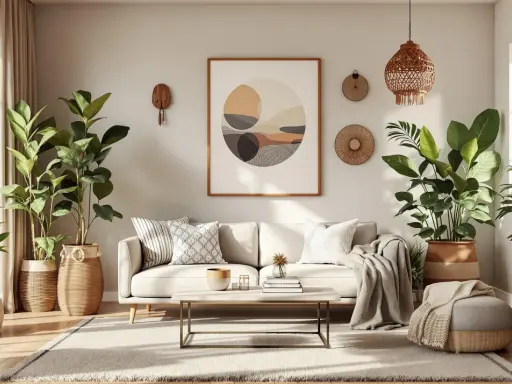Przytulny salon w stylu scandi boho z dużą ilością zielonych roślin, jasną sofą i plecionymi dodatkami.