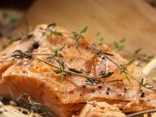 Delicioso salmón al horno con hierbas frescas y pimienta negra, listo para servir.